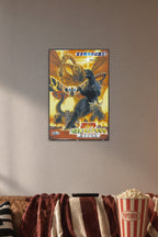 Godzilla, Mothra, King Ghidorah in a cozy movie room above a brown sofa with popcorn.