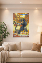 Godzilla, Mothra, King Ghidorah in a bright living room above a beige sofa.