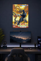 Godzilla Movie in a gaming desk setup above a monitor.