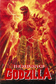 Godzilla poster portrays the roaring monster towering over skyscrapers amid fiery red clouds and jagged yellow lightning.