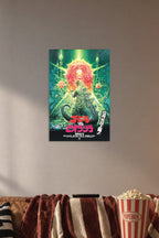 Godzilla vs. Biollante in a cozy movie room above a brown sofa with popcorn.