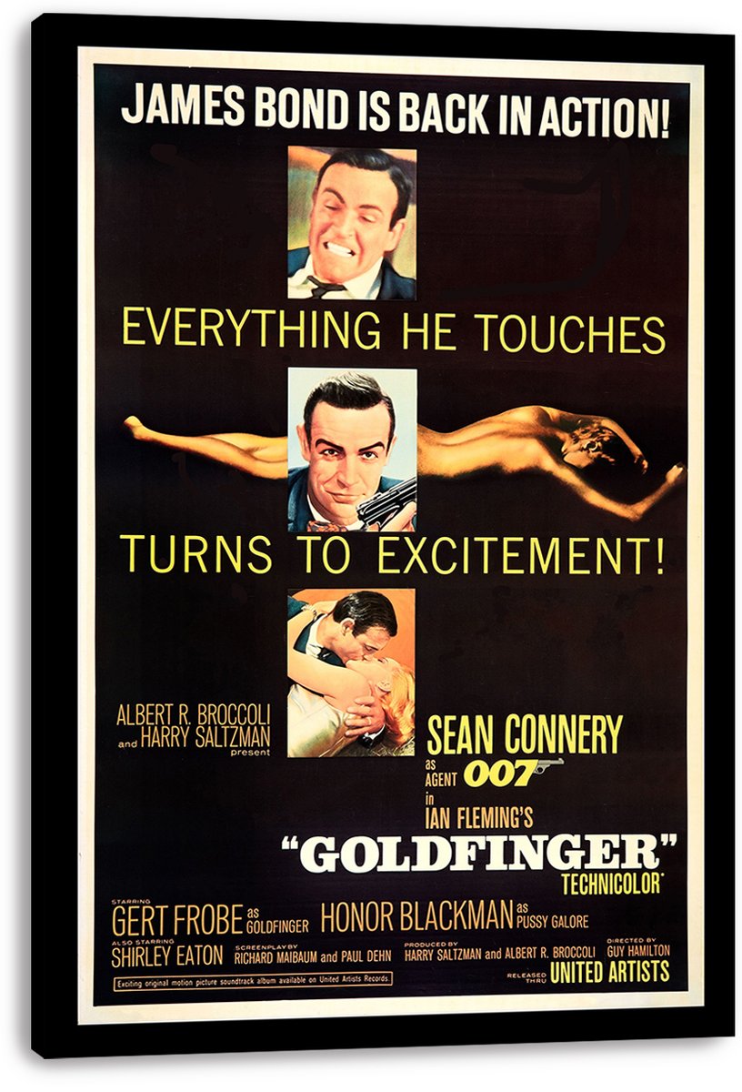 Goldfinger movie poster canvas print displayed with black wrapped edges, Sean Connery, a gold-toned reclining woman, and yellow lettering.
