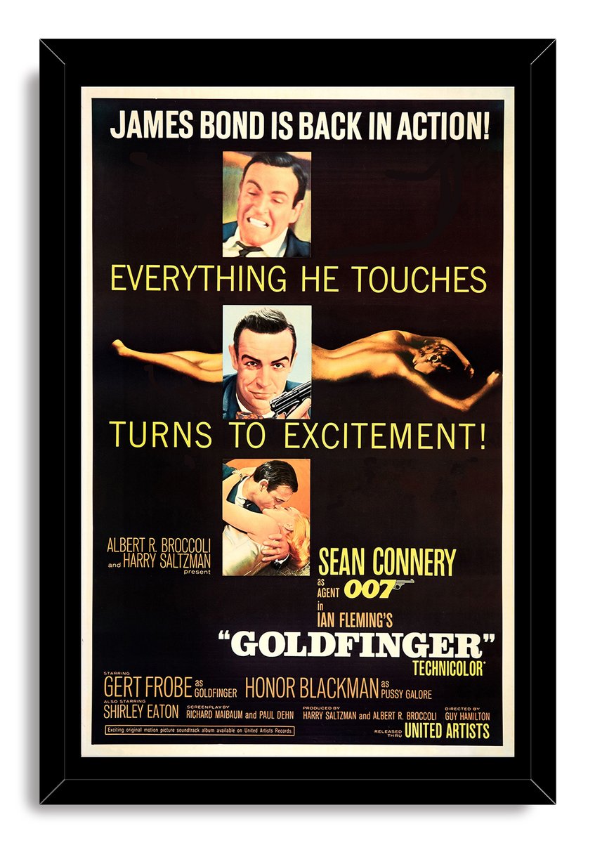 Goldfinger movie poster wall art print in a black frame, featuring Sean Connery portraits, a reclining woman, and vintage yellow typography.