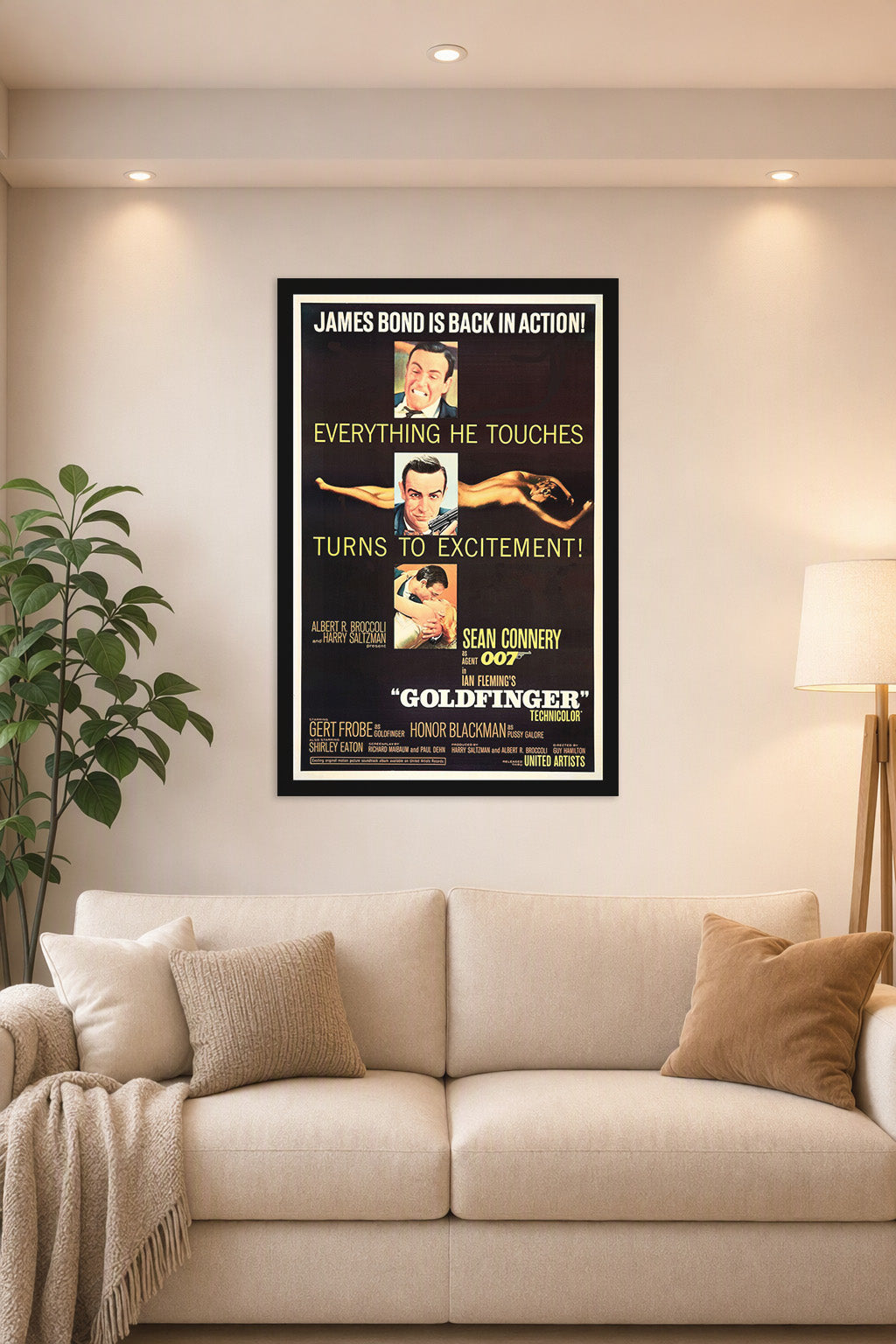 Goldfinger James Bond Movie in a bright living room above a beige sofa.