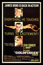 Goldfinger movie poster wall art print with Sean Connery portraits, a reclining gold-toned woman, and bold yellow text on black.