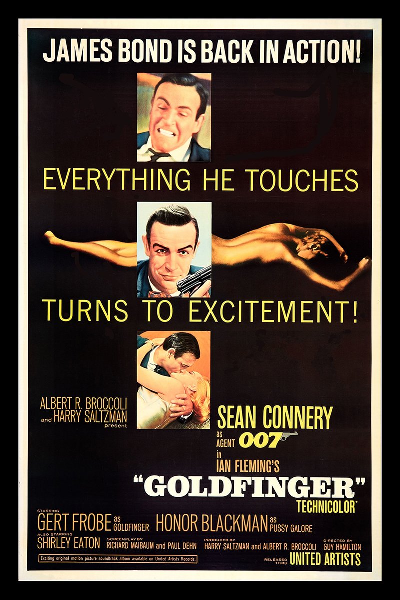 Goldfinger movie poster wall art print with Sean Connery portraits, a reclining gold-toned woman, and bold yellow text on black.