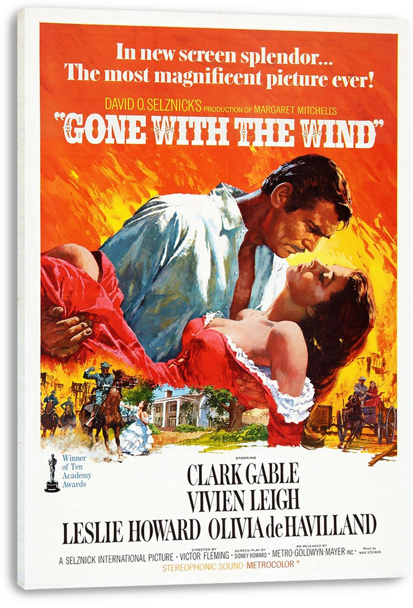 Gone with the Wind canvas wall art print with a white-wrapped edge, featuring the embracing couple, riders, and plantation scene.