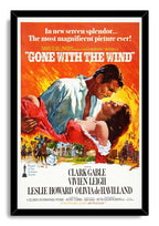 Gone with the Wind framed wall art print in a black frame, with the romantic couple in red and blue before an orange background.