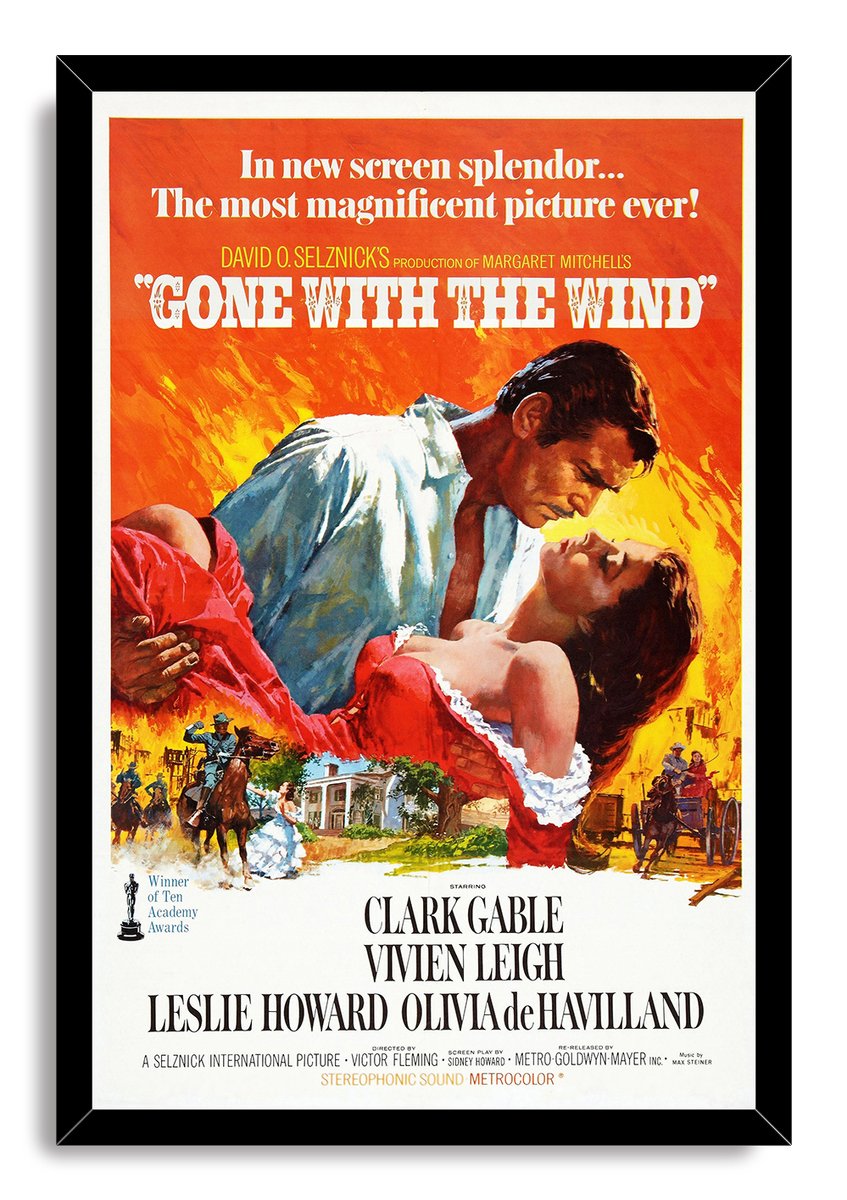 Gone with the Wind framed wall art print in a black frame, with the romantic couple in red and blue before an orange background.