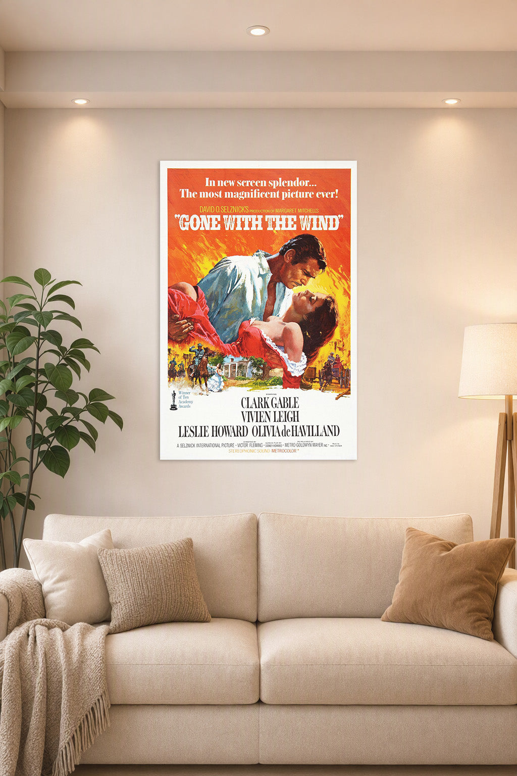Gone With The Wind Movie Poster in a bright living room above a beige sofa.