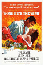 Gone with the Wind poster featuring a man holding a woman in a red dress against fiery orange scenes of riders and a plantation.