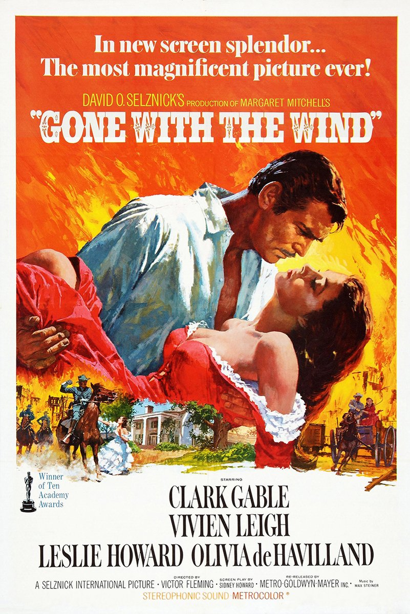 Gone with the Wind poster featuring a man holding a woman in a red dress against fiery orange scenes of riders and a plantation.