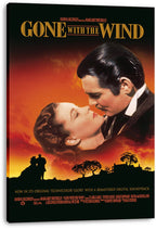 Gone with the Wind canvas wall art print displays the romantic couple, gold title lettering, and dark silhouettes against a red-orange sky.
