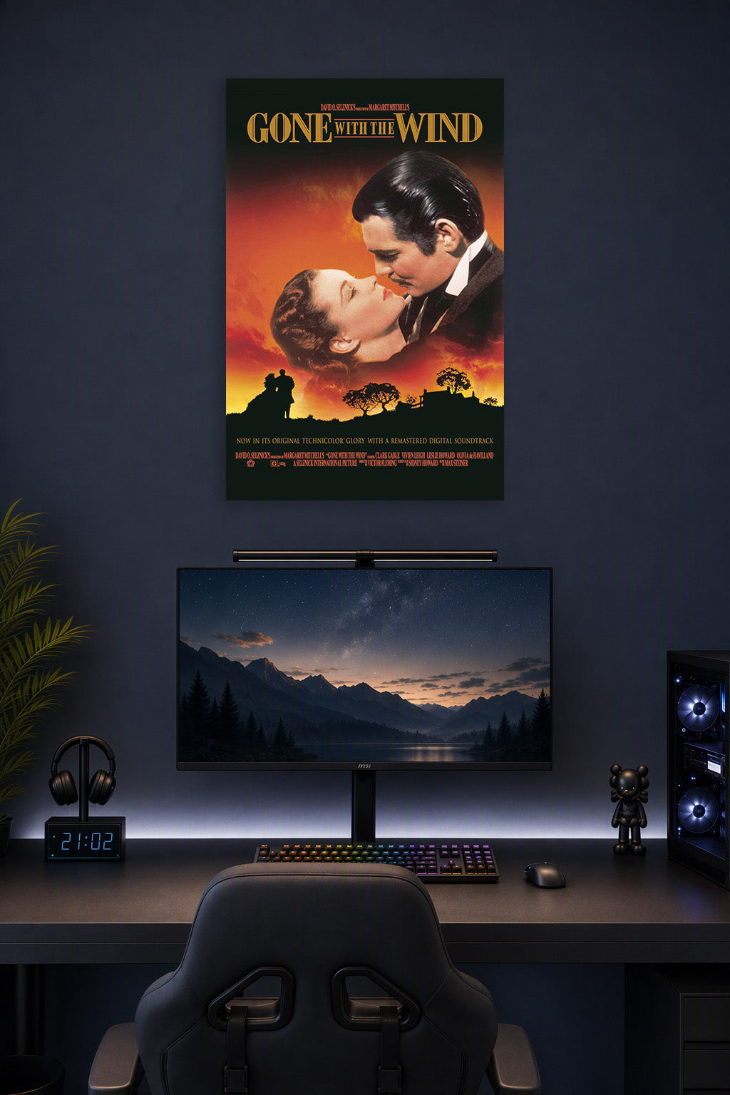 Gone With the Wind in a gaming desk setup above a monitor.