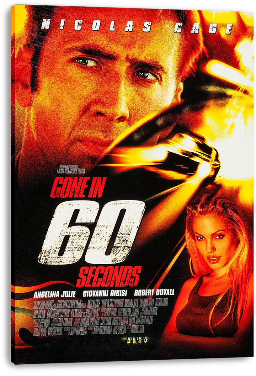 Gone in 60 Seconds wall art print on canvas, with Nicolas Cage, Angelina Jolie, a speeding car, and bold red-white title text.