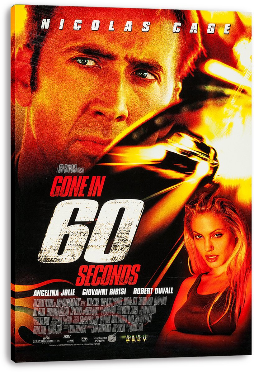 Gone in 60 Seconds canvas wall art print displays Nicolas Cage, Angelina Jolie, a racing car, and bold distressed title lettering.