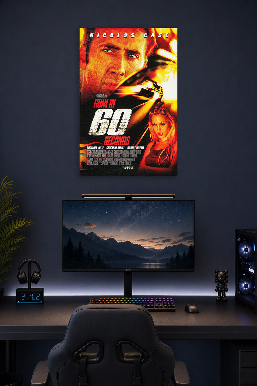 Gone in 60 Seconds Movie Poster in a gaming desk setup above a monitor.