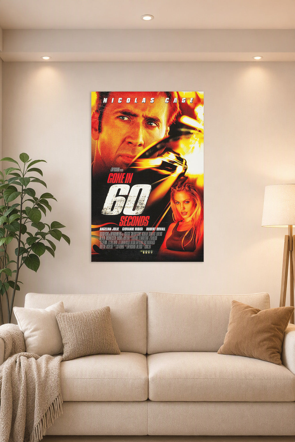 Gone in 60 Seconds Movie Poster in a bright living room above a beige sofa.