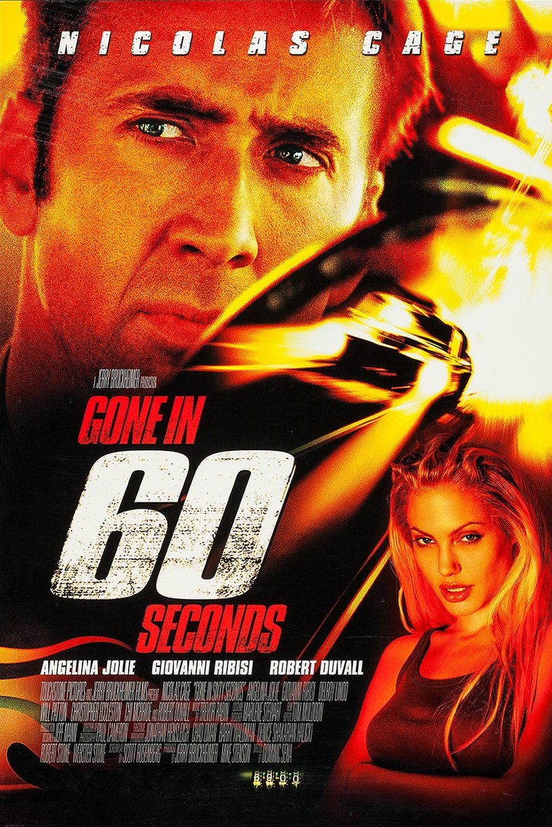 Gone in 60 Seconds poster featuring Nicolas Cage, Angelina Jolie, a speeding black car, and fiery orange-yellow light trails.