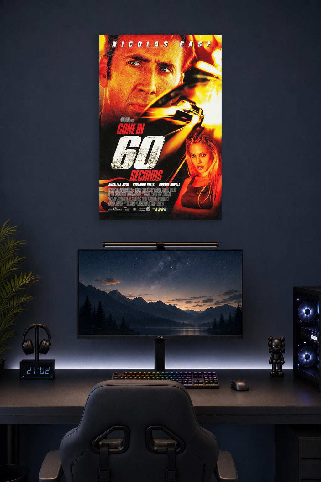 Gone in 60 Seconds Movie Poster in a gaming desk setup above a monitor.