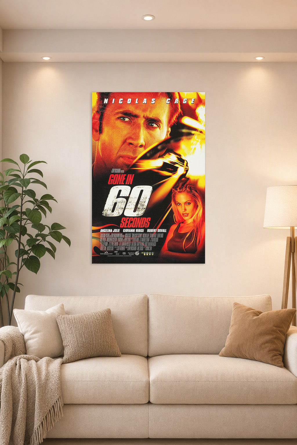 Gone in 60 Seconds Movie Poster in a bright living room above a beige sofa.