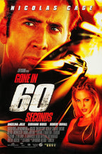 Gone in 60 Seconds movie poster features Nicolas Cage, Angelina Jolie, a speeding sports car, and fiery yellow-red action tones.