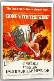 Gone with the Wind wall art canvas displaying the classic romantic embrace in red and orange, with riders, a carriage, and a mansion below.