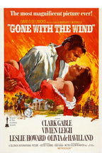 Gone with the Wind poster print featuring a man holding a woman in a red dress against fiery orange scenes of riders and a plantation.