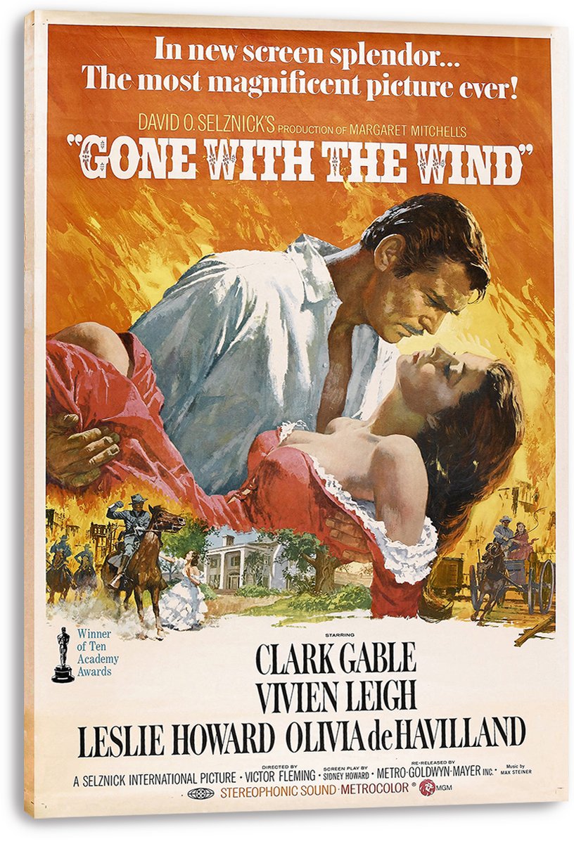 Gone with the Wind canvas wall art print with a wrapped edge, depicting the embracing couple, riders, carriage, and plantation.