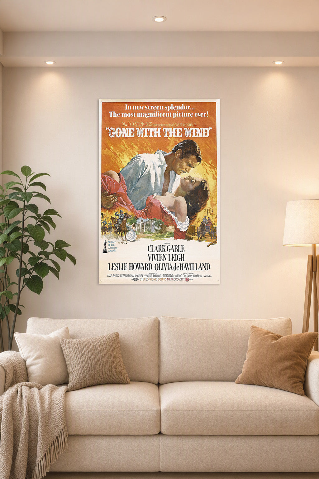 Gone with the Wind Movie in a bright living room above a beige sofa.