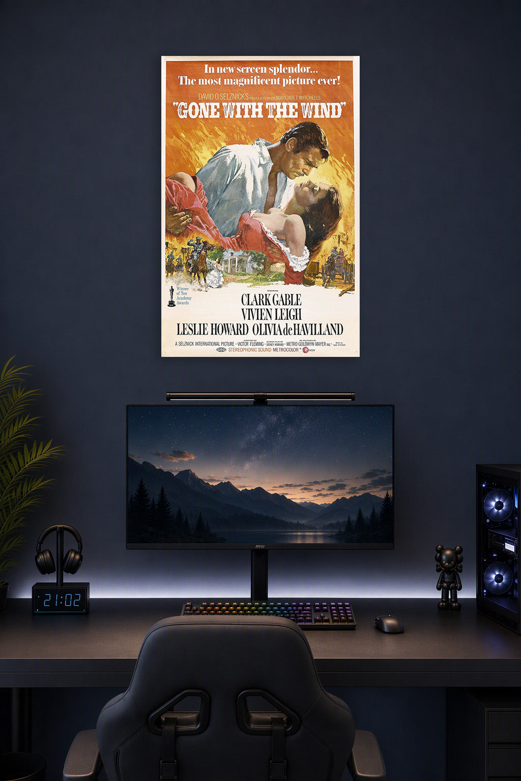 Gone with the Wind Movie in a gaming desk setup above a monitor.