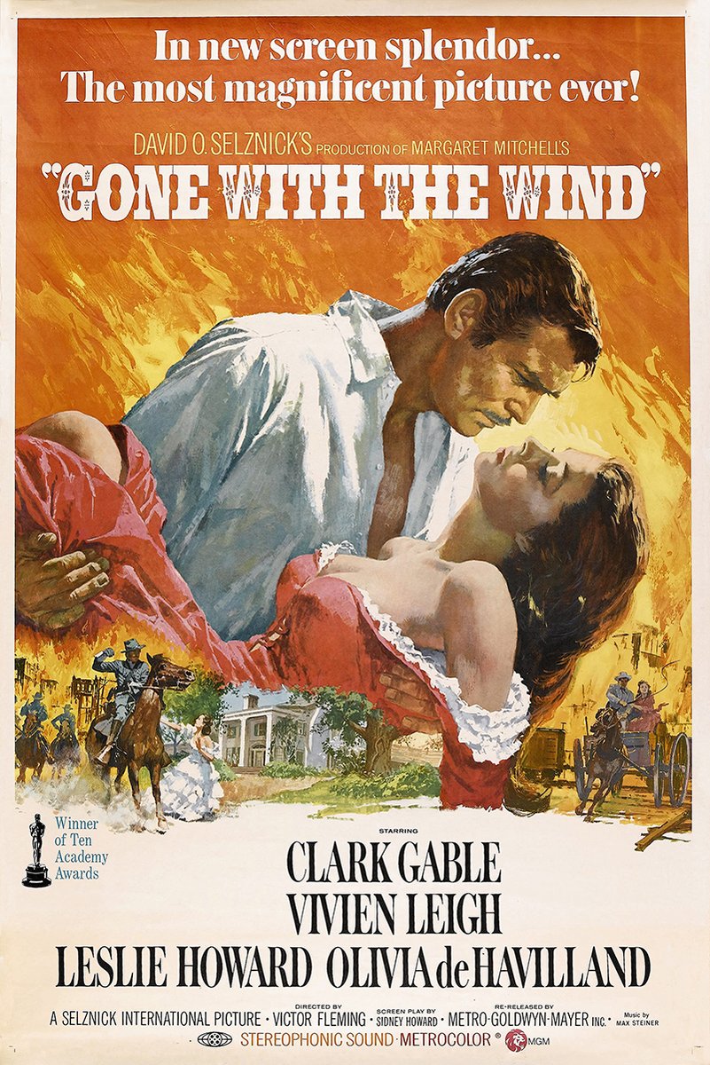 Gone with the Wind poster featuring a man cradling a woman in a red dress against fiery orange skies and Southern scenes.