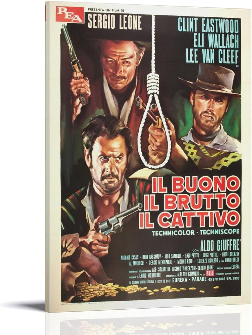 The Good, the Bad and the Ugly wall art print is displayed as a thick panel with three gunmen, a noose, and bold red title lettering.