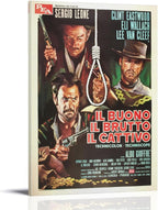 The Good, the Bad and the Ugly wall art print is displayed as a thick panel with three gunmen, a noose, and bold red title lettering.
