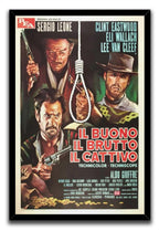 Framed The Good, the Bad and the Ugly poster features painted Western gunmen, a central noose, gold coins, and Italian typography.