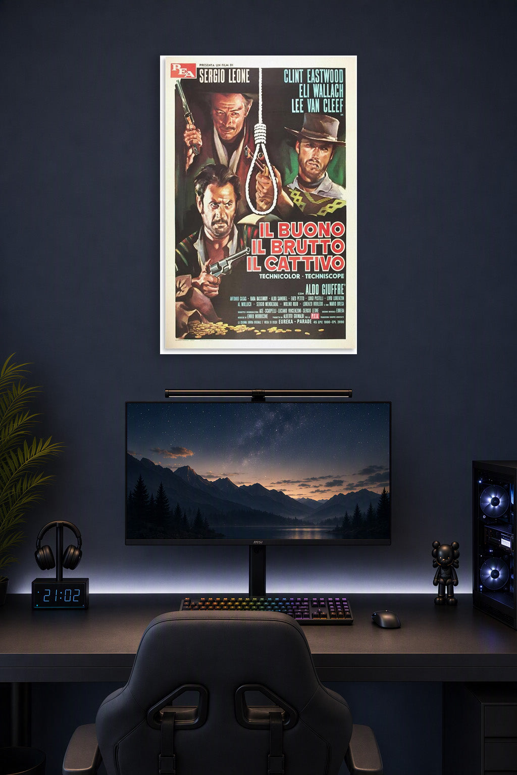 Good The Bad And The Ugly Movie Vintage Poster for Bedroom in a gaming desk setup above a monitor.
