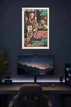 Good The Bad And The Ugly Movie Vintage Poster for Bedroom in a gaming desk setup above a monitor.
