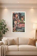 Good The Bad And The Ugly Movie Vintage Poster for Bedroom in a bright living room above a beige sofa.