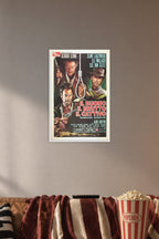 Good The Bad And The Ugly Movie Vintage Poster for Bedroom in a cozy movie room above a brown sofa with popcorn.