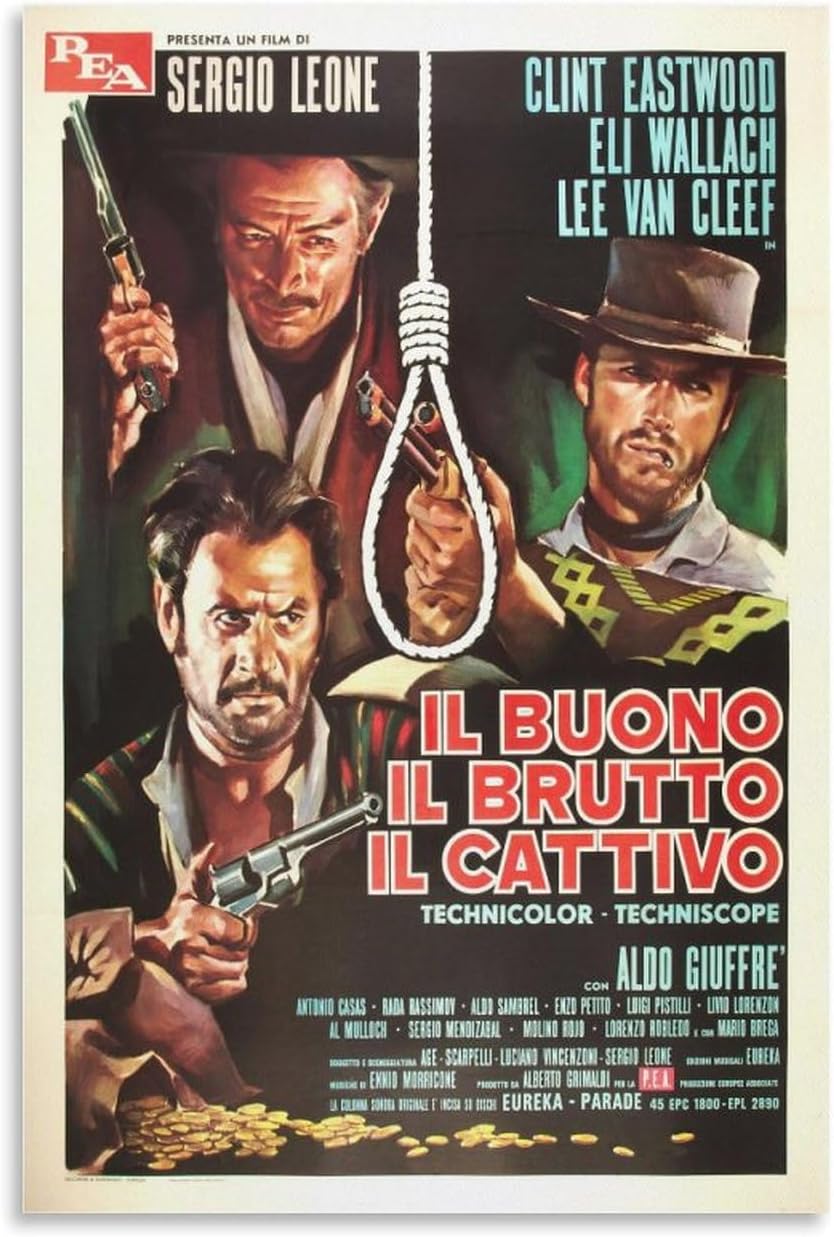 The Good, the Bad and the Ugly poster features three armed Western men, a hanging noose, red Italian title text, and gold coins.