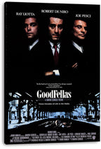 GoodFellas canvas wall art print featuring three shadowed male portraits, white title text, and a blue nighttime street.