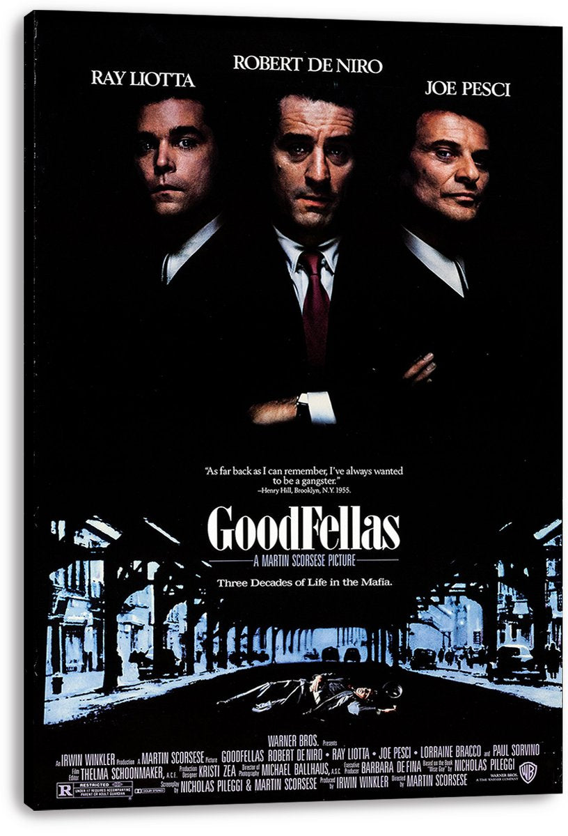 GoodFellas canvas wall art print featuring three shadowed male portraits, white title text, and a blue nighttime street.
