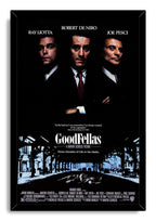 GoodFellas framed wall art print with three suited men in darkness above a blue city street and bold white lettering.