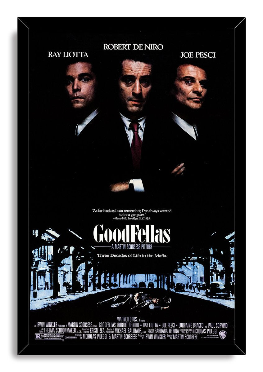GoodFellas framed wall art print with three suited men in darkness above a blue city street and bold white lettering.