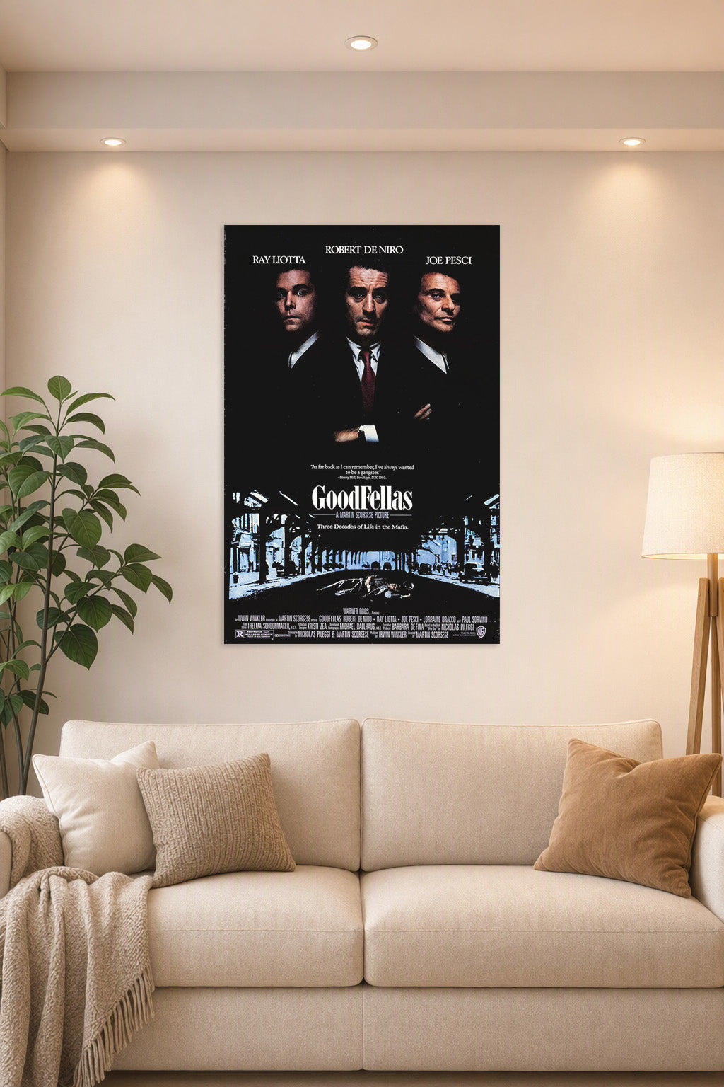 GoodFellas Movie in a bright living room above a beige sofa.