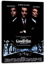 Goodfellas canvas wall art print featuring three shadowed male portraits, the white title, and a figure lying on a nighttime street.