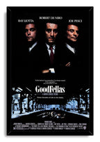 Goodfellas framed wall art print with a black border, three suited men, bold white lettering, and a blue-lit urban underpass.
