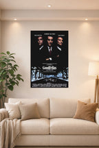 Goodfellas Movie Poster in a bright living room above a beige sofa.
