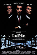 Goodfellas movie poster wall art print with Ray Liotta, Robert De Niro, and Joe Pesci above a dark blue street scene.