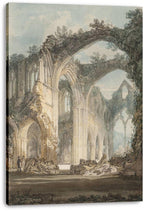 Gothic abbey ruins canvas wall art print depicting weathered arches, vine-covered walls, rubble, and two figures beneath a pale blue sky.